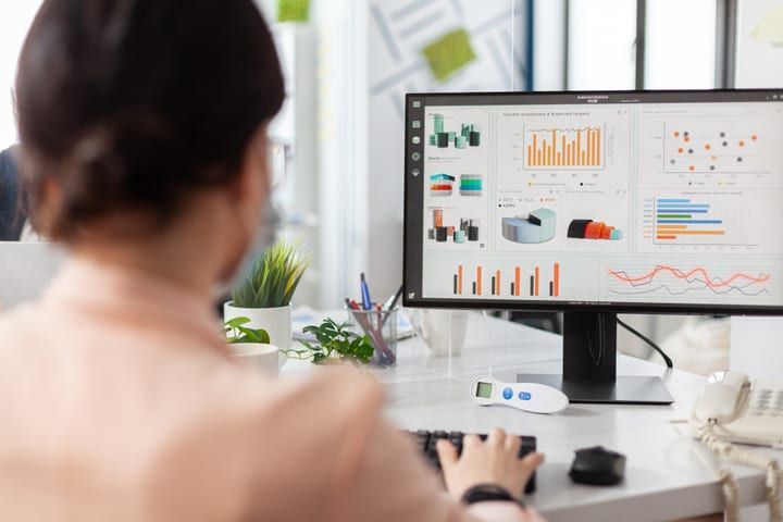 Employee reviewing workforce cost dashboards on a monitor