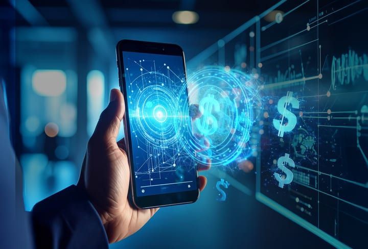 Smartphone displaying digital finance graphics